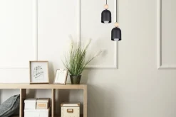 Runde Hängelampe Schwarz Metall Holz 2-flmg E27 Ø21 cm