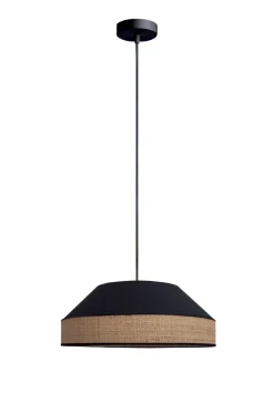 Runde Hängelampe Stoff Rattan Schwarz Natur E27 Ø45 cm