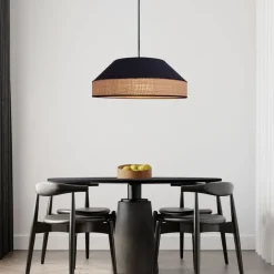 Runde Hängelampe Stoff Rattan Schwarz Natur E27 Ø45 cm