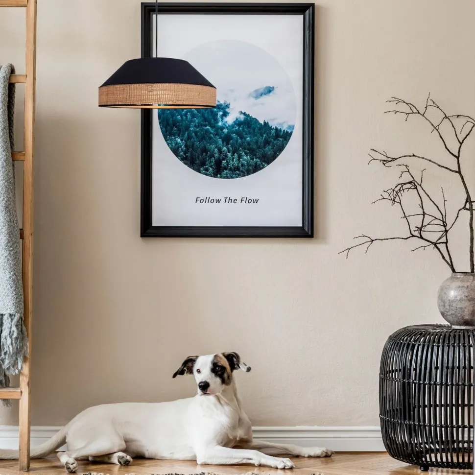 Runde Hängelampe Stoff Rattan Schwarz Natur E27 Ø45 cm