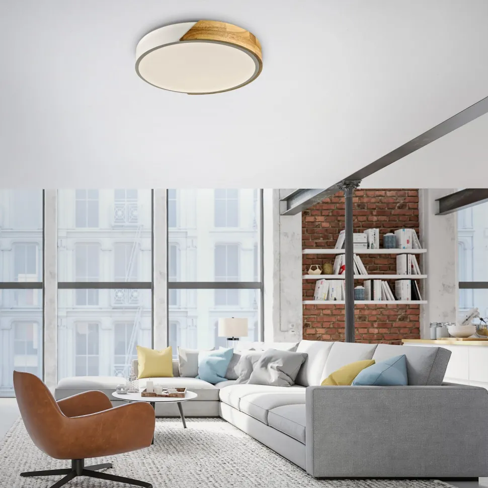 Runde LED Deckenlampe Holz Ø32 cm Weiß Natur 2520 lm