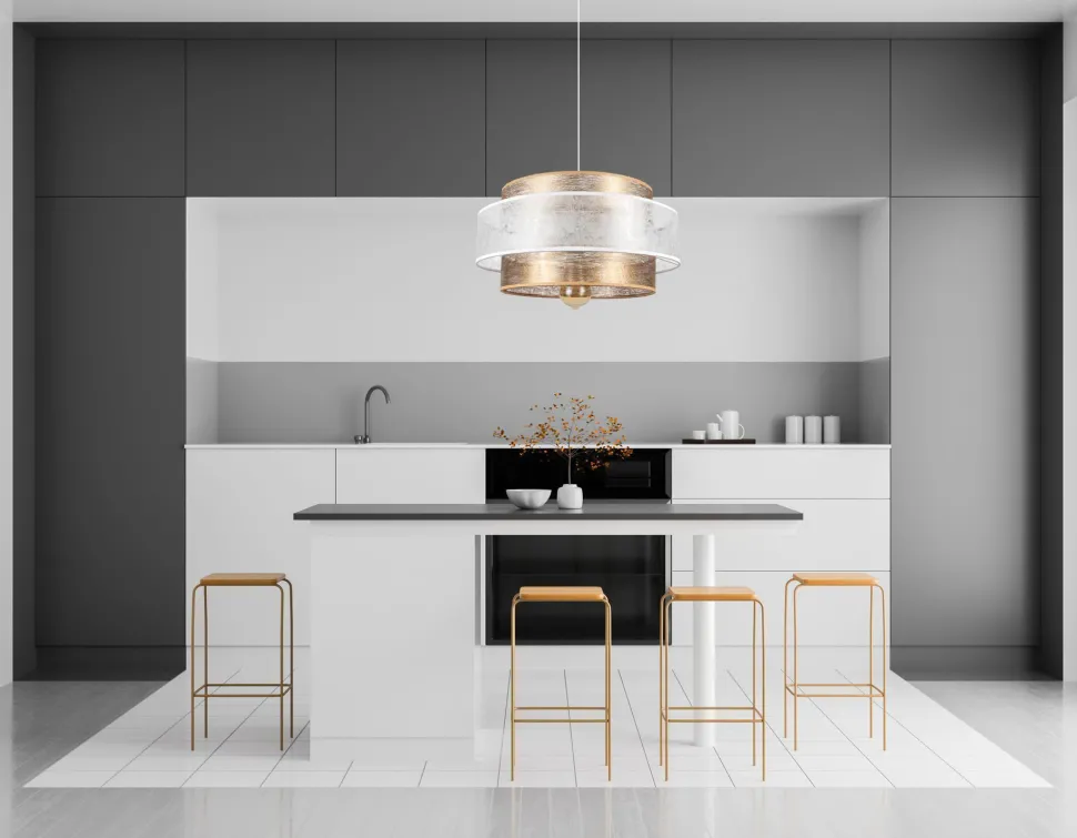 Runde Pendelleuchte Stoff Weiß Gold Ø40 cm E27 wohnlich