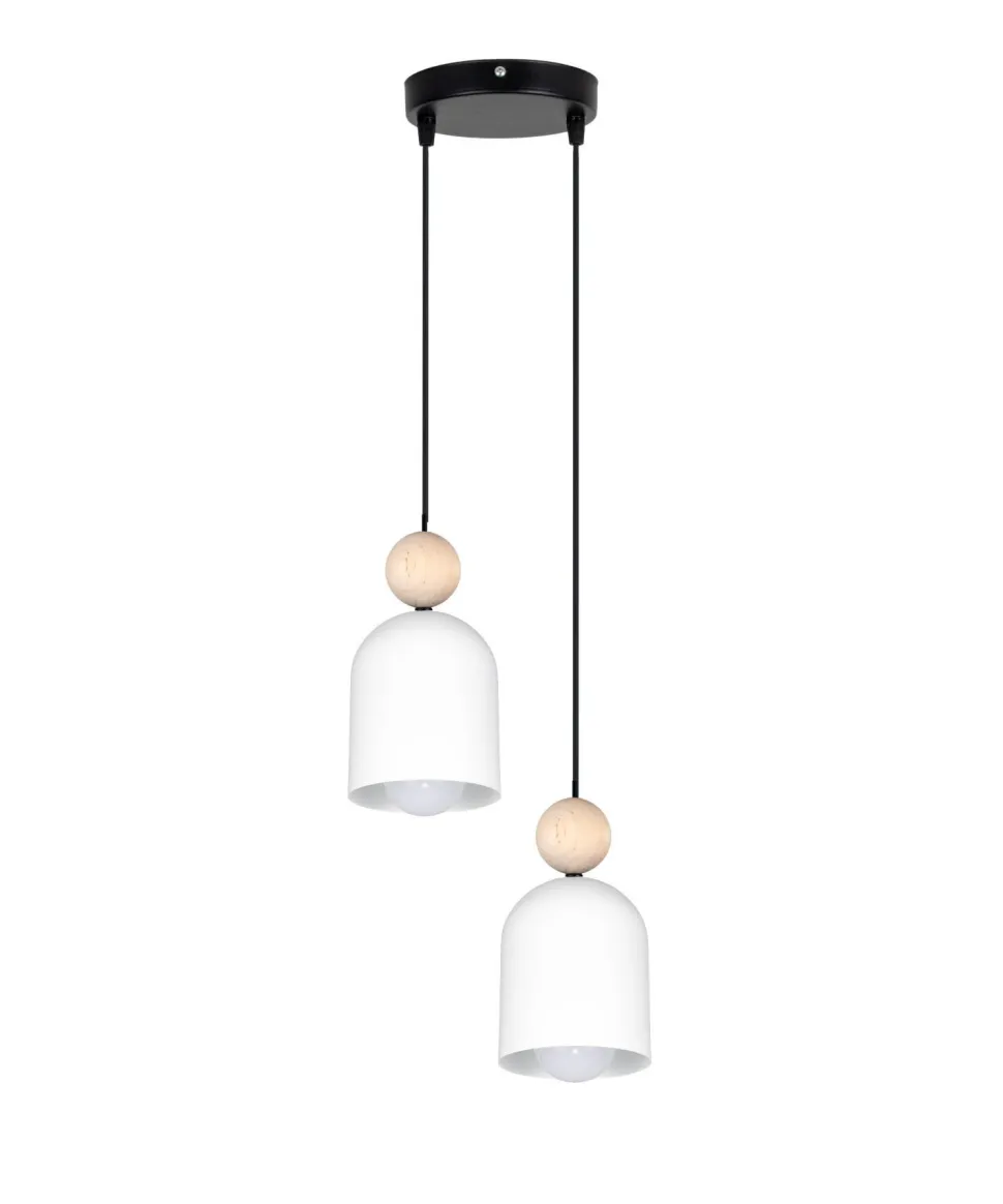 Runde Pendelleuchte Weiß Metall Holz 2-flmg E27 Ø21 cm