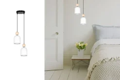 Runde Pendelleuchte Weiß Metall Holz 2-flmg E27 Ø21 cm