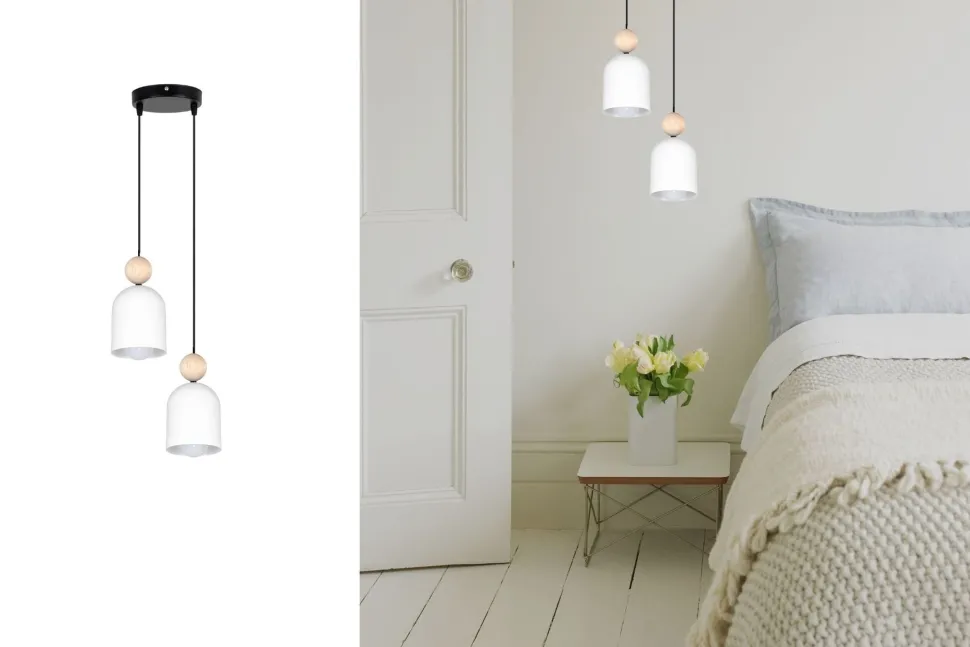 Runde Pendelleuchte Weiß Metall Holz 2-flmg E27 Ø21 cm