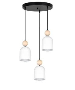 Runde Pendelleuchte Weiß Metall Holz 3-flmg E27 Ø36 cm