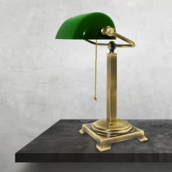 Schreibtischlampe Messing Glas H: 39,5 cm Zugschalter E27