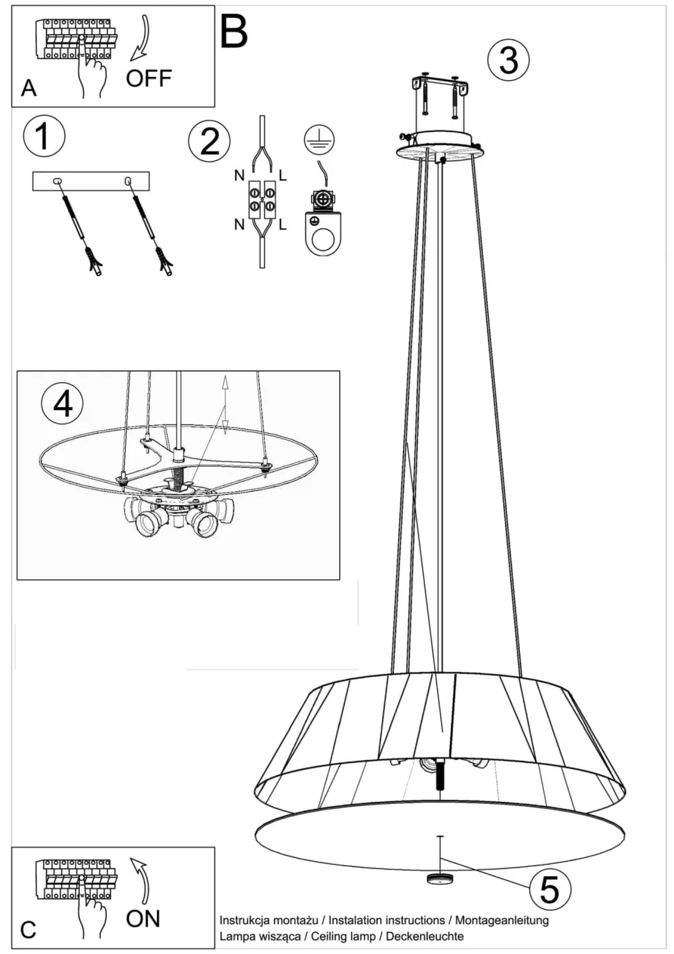 Schwarze Hängelampe Stoff Glas rund Ø 60 cm Modern 5x E27