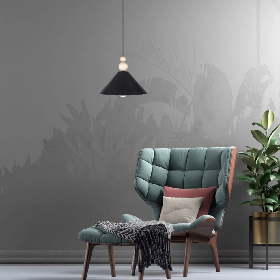 Schwarze Hängeleuchte Holz Metall Ø26 cm E27 gemütlich