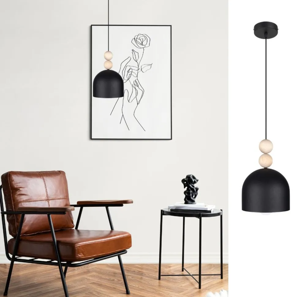 Schwarze Hängeleuchte Metall Holz Ø17 cm E27 wohnlich