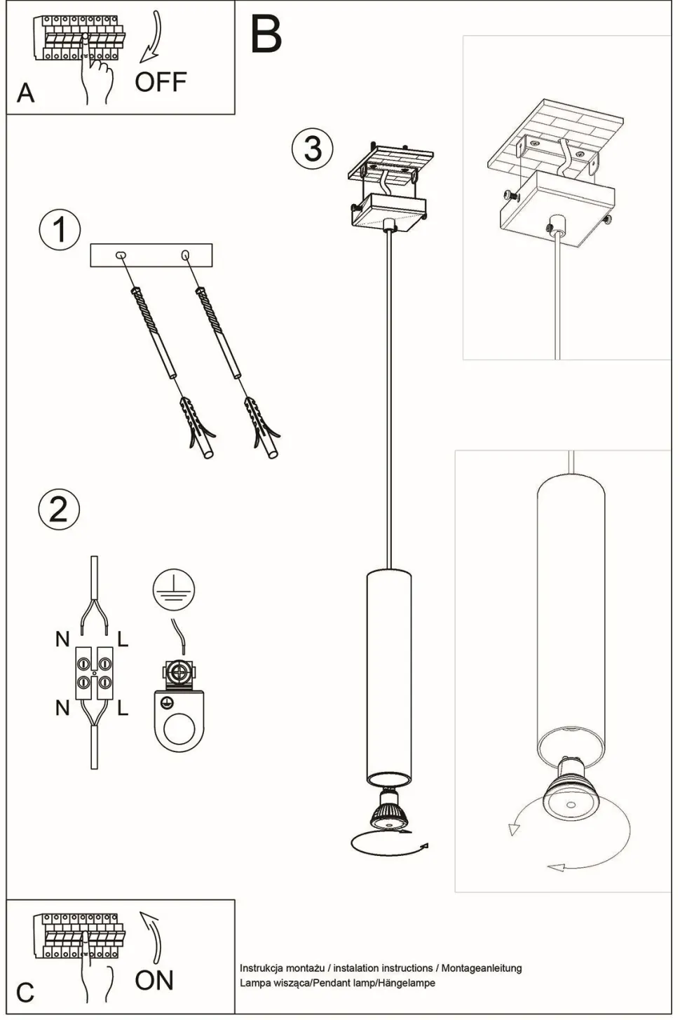 Schwarze Hängeleuchte Metall GU10 Ø 6 cm höhenverstellbar