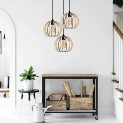 Schwarze Pendelleuchte Holz Metall 3-flmg E27 L:40 cm