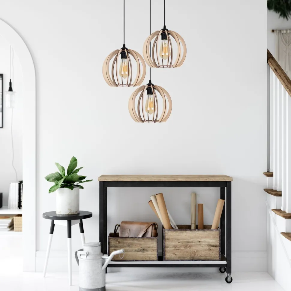 Schwarze Pendelleuchte Holz Metall 3-flmg E27 L:40 cm