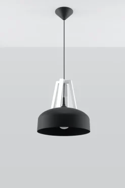 Schwarze Pendelleuchte Metall Holz rund Ø30cm Retro