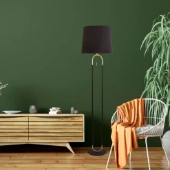 Stehleuchte Stoff Metall 161 cm E27 in Schwarz Messing