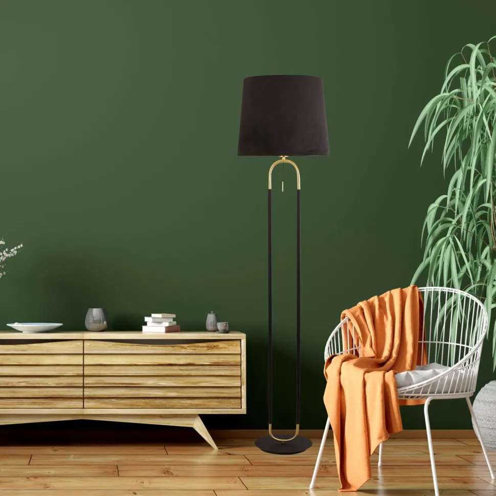 Stehleuchte Stoff Metall 161 cm E27 in Schwarz Messing