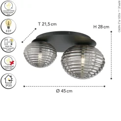 Stilvolle Deckenleuchte Rauchglas 2-flmg E27 dekorativ
