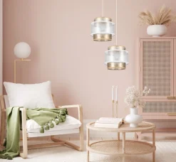 Stoff Pendelleuchte Weiß Gold E27 2-flammig L:33 cm