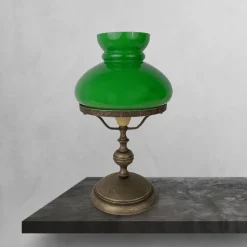 Tischlampe 39 cm Jugendstil Glas Messing in Bronze Antik Grün