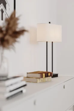 Tischlampe E27 56 cm Schwarz Weiß eckig Stoff Metall