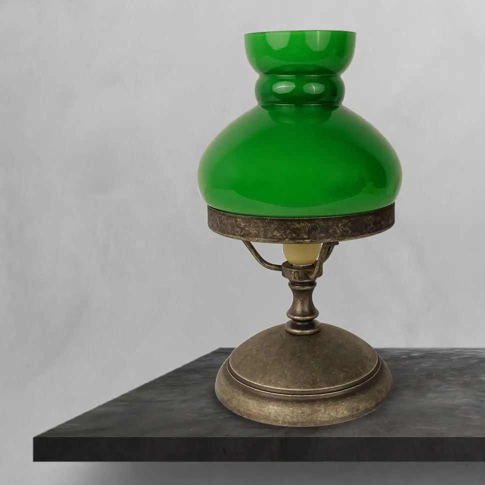 Tischlampe Grün Bronze Antik H: 23,5 cm klein Glas Messing E14