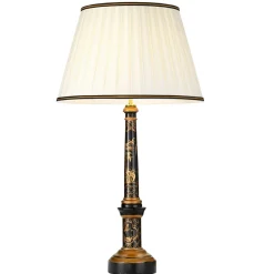 Tischlampe groß 87 cm Stoff Holz in Creme Schwarz Gold