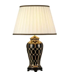 Tischlampe Keramik Stoff 68 cm Creme Schwarz Gold E27