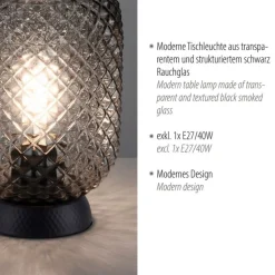 Tischlampe Rauchgrau Schwarz Glas Metall 22,5 cm E27