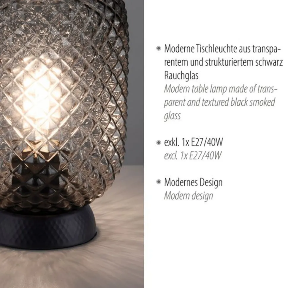 Tischlampe Rauchgrau Schwarz Glas Metall 22,5 cm E27