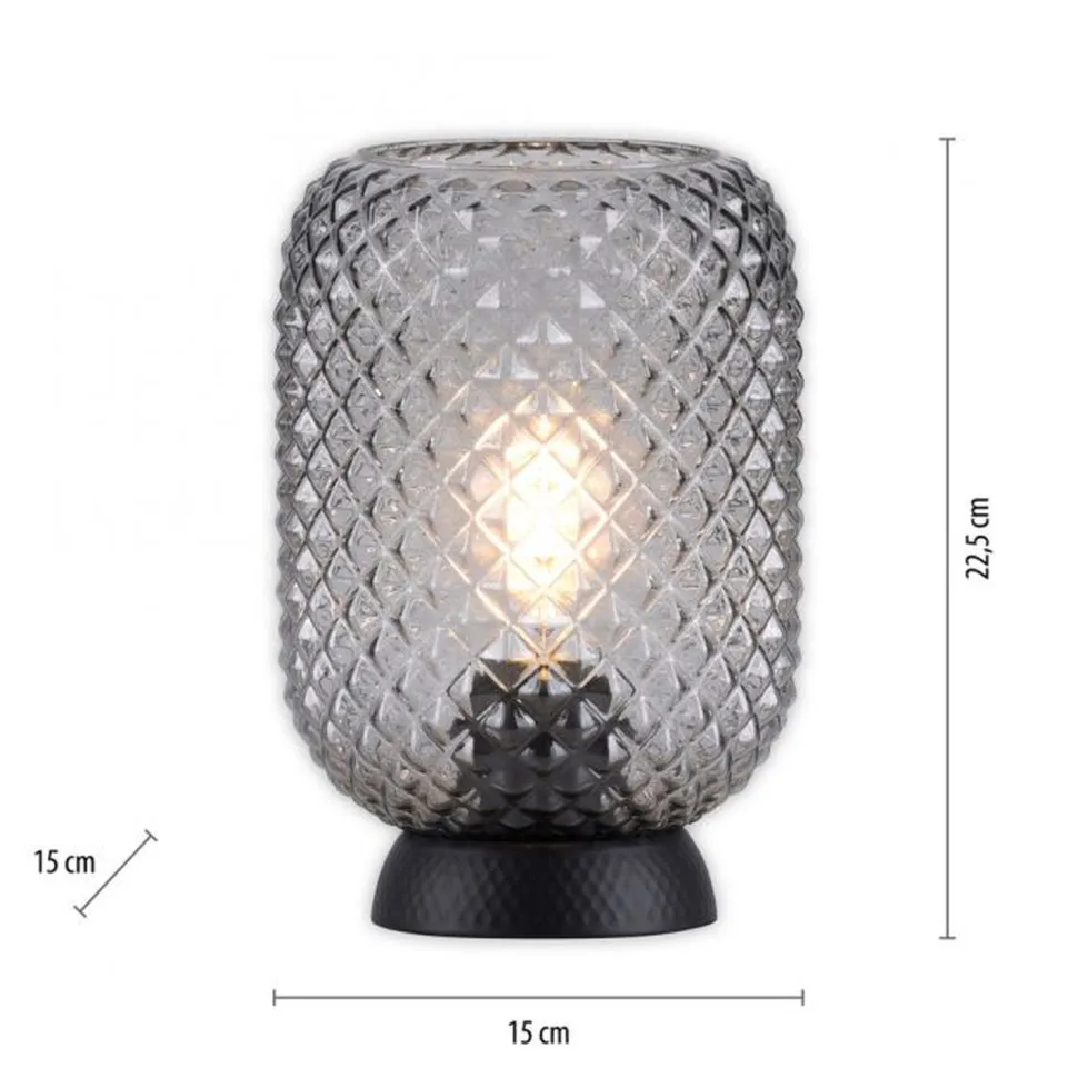 Tischlampe Rauchgrau Schwarz Glas Metall 22,5 cm E27