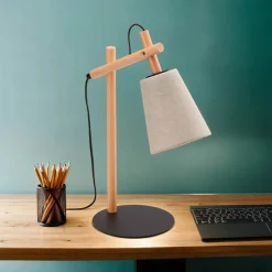 Tischlampe Skandinavisch Holz Leinen 46 cm E27