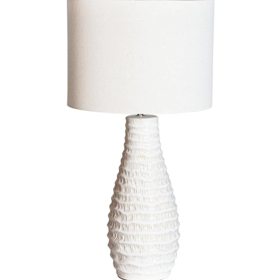 Tischlampe Weiß Creme Keramik Stoff E27 74 cm hoch