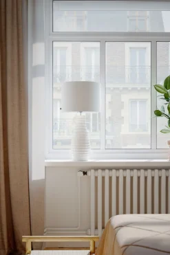 Tischlampe Weiß Creme Keramik Stoff E27 74 cm hoch