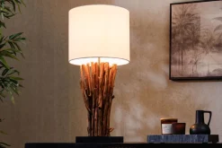 Tischlampe Weiß Holz Stoff E27 H:58 cm gemütlich