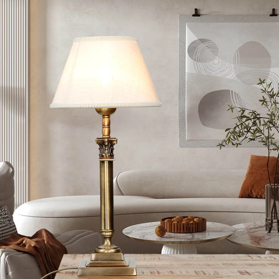 Tischleuchte echtes Messing Stoff Abat