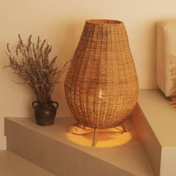 Tischleuchte Rattan 72 cm Dreibein Kabel Stecker E27