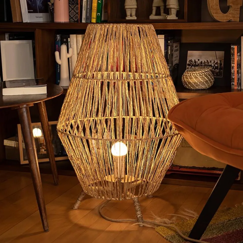 Tischleuchte Rattan H: 72 cm E27 groß Dreibein Boho