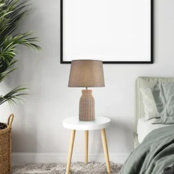 Tischleuchte Rattan Leinen 48 cm hoch E14 Grau Natur Boho