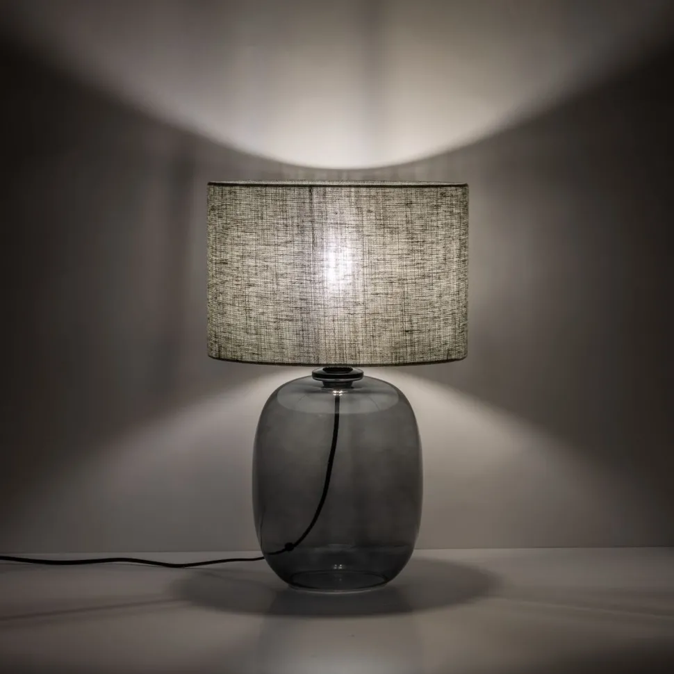 Tischleuchte Rauchglas Stoff E27 H: 48 cm Ø 30 cm Grau Grün