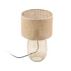 Tischleuchte Rauchglas Stoff Braun H: 48 cm Ø 30 cm E27