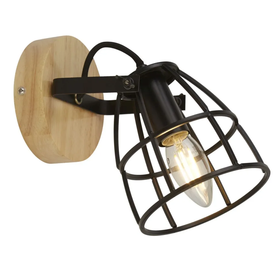 Verstellbarer Wandstrahler Holz Metall E14 Drahtschirm