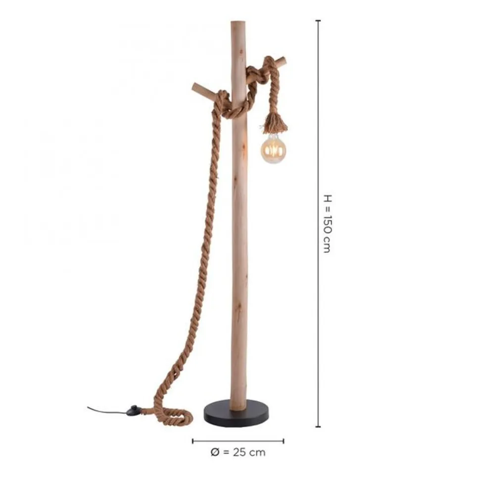 Vintage Stehleuchte E27 bis 15 W 150 cm Holz Tau Seil