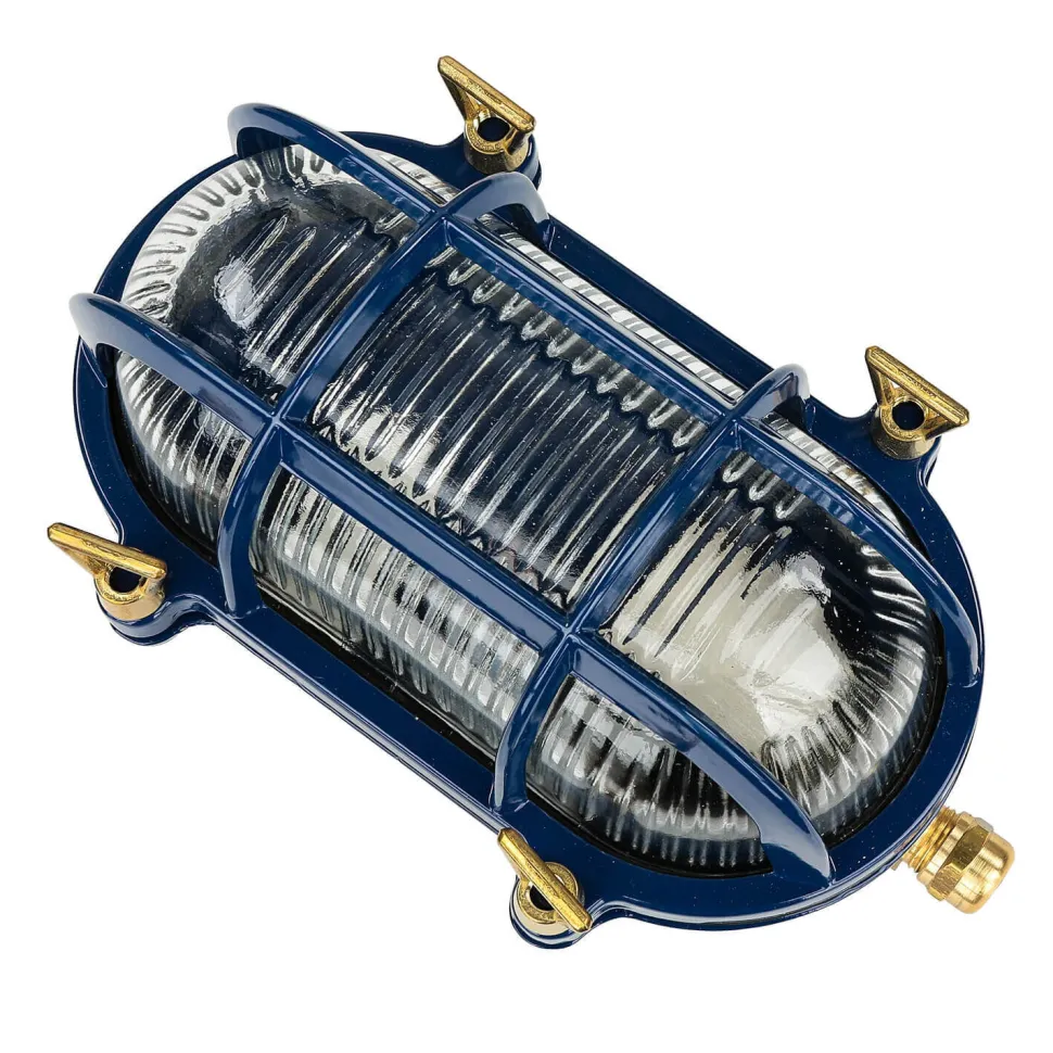 Wandlampe außen IP64 Messing Riffelglas E27 Blau Maritim