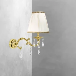 Wandlampe Messing Stoff Kristall H: 34,5 cm poliert Weiß E14