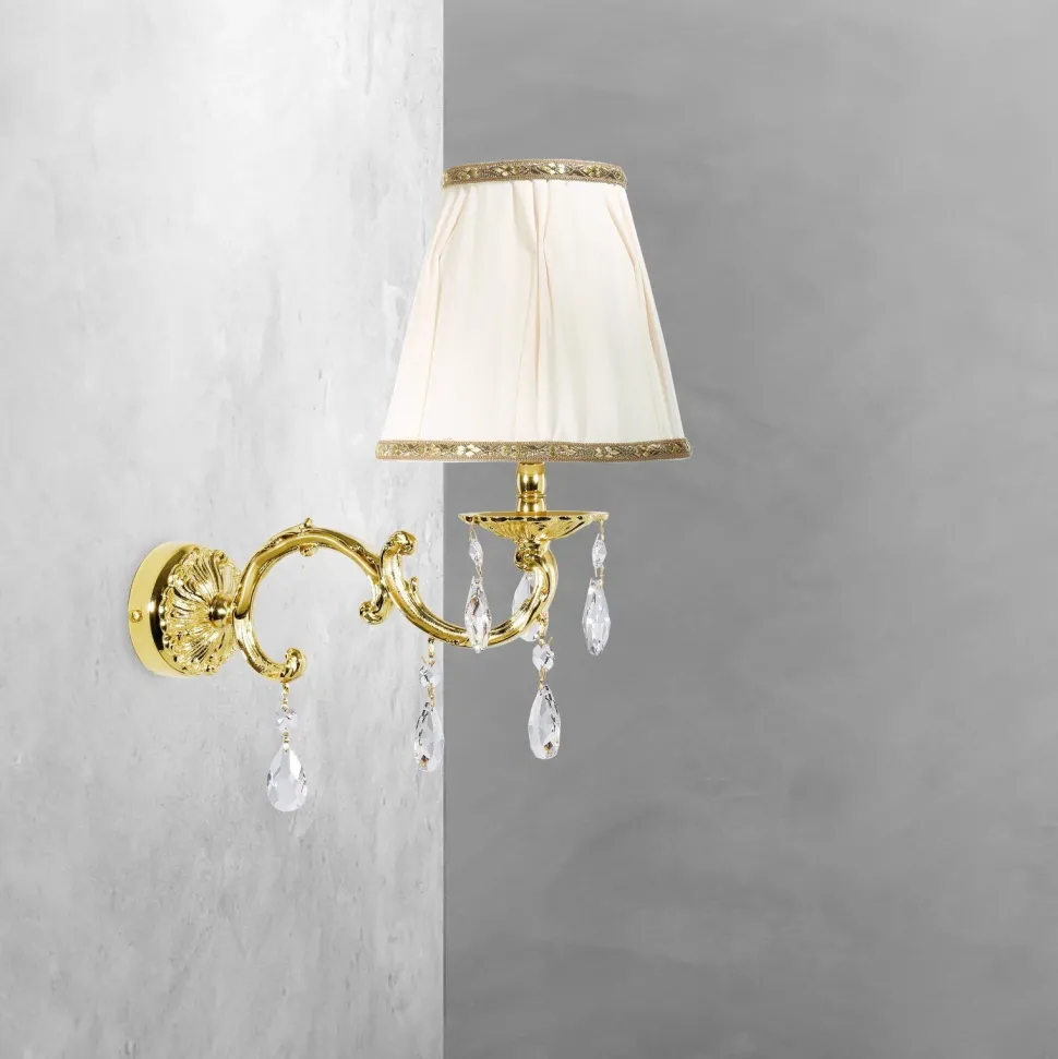 Wandlampe Messing Stoff Kristall H: 34,5 cm poliert Weiß E14