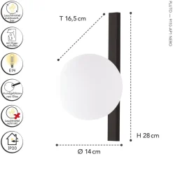 Wandlampe Schwarz Weiß Glaskugel E14 B:14 cm blendarm
