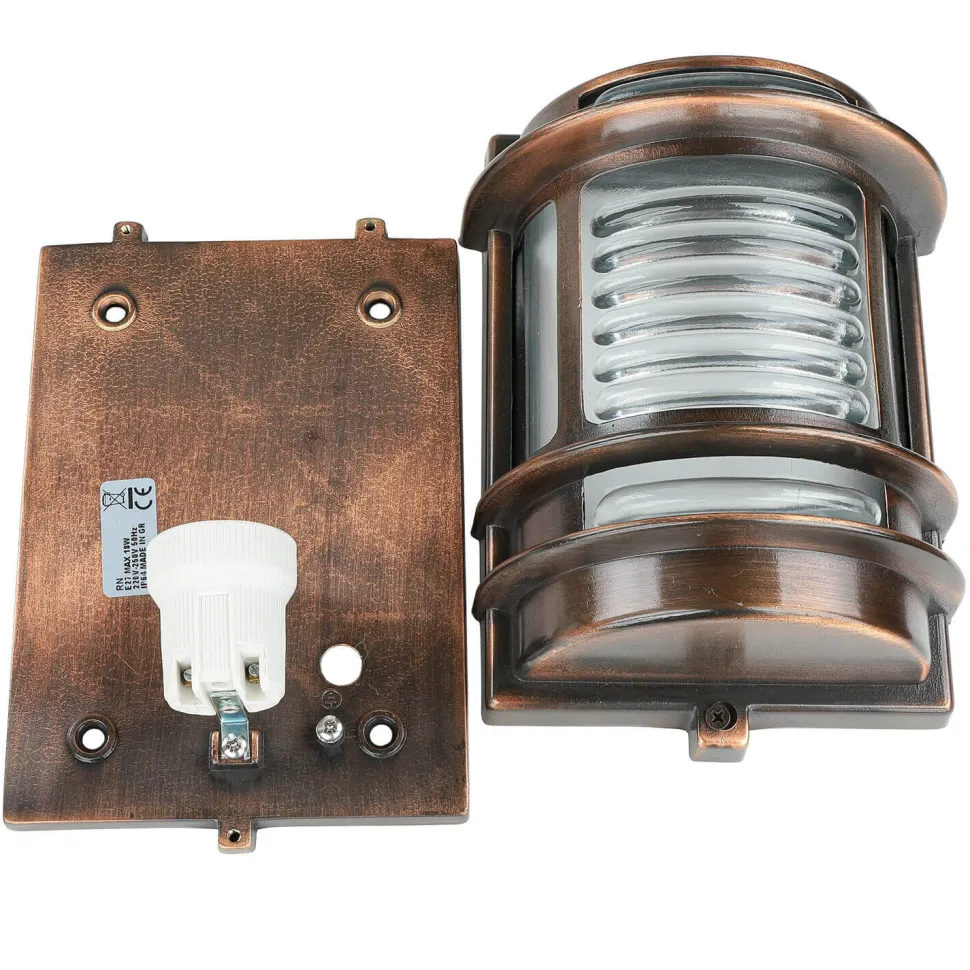 Wandleuchte außen Messing Glas IP64 E27 Kupfer antik