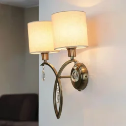 Wandleuchte 2-flammig in Messing Antik Natur E14 Stoff