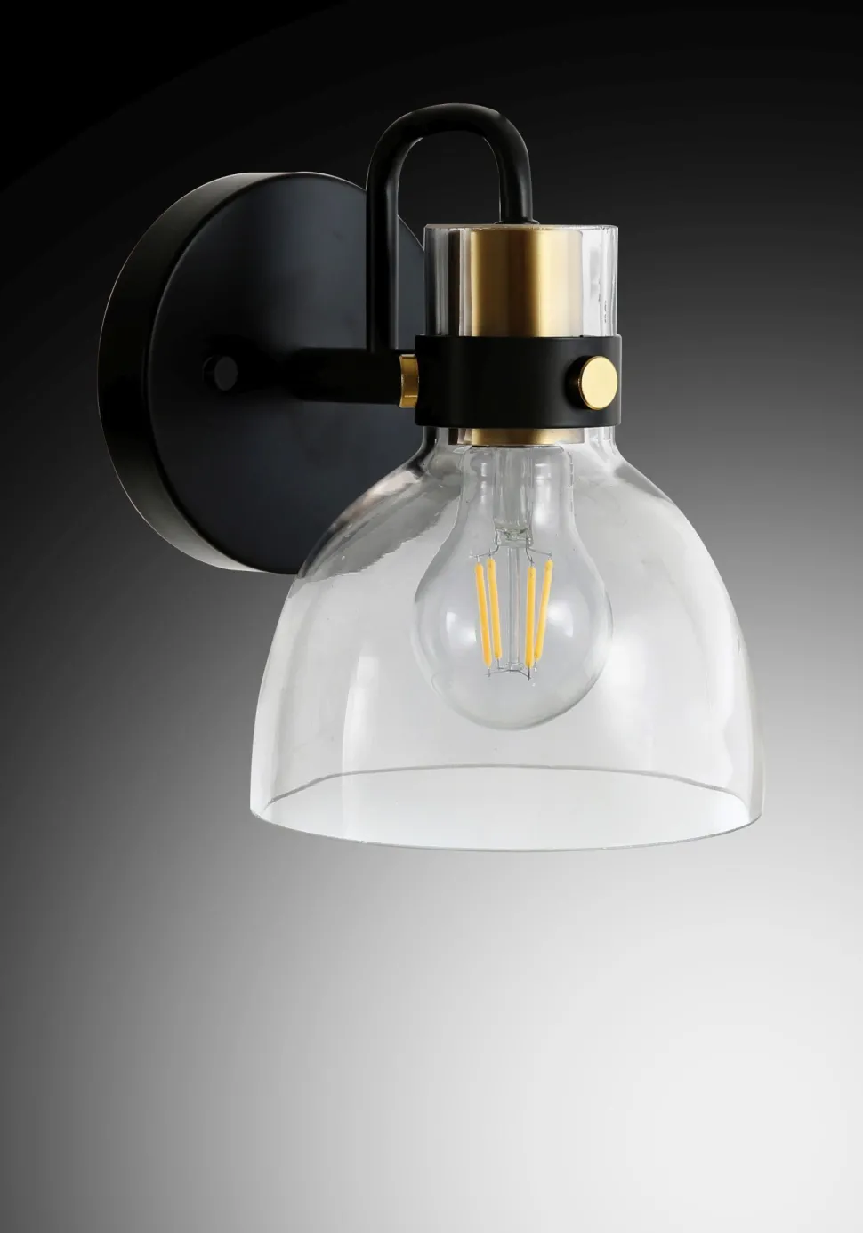 Wandleuchte Glas Metall H: 19 cm klein E27 Schwarz Gold