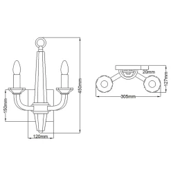 Wandleuchte innen 45 cm hoch Metall Kristall 2x E14